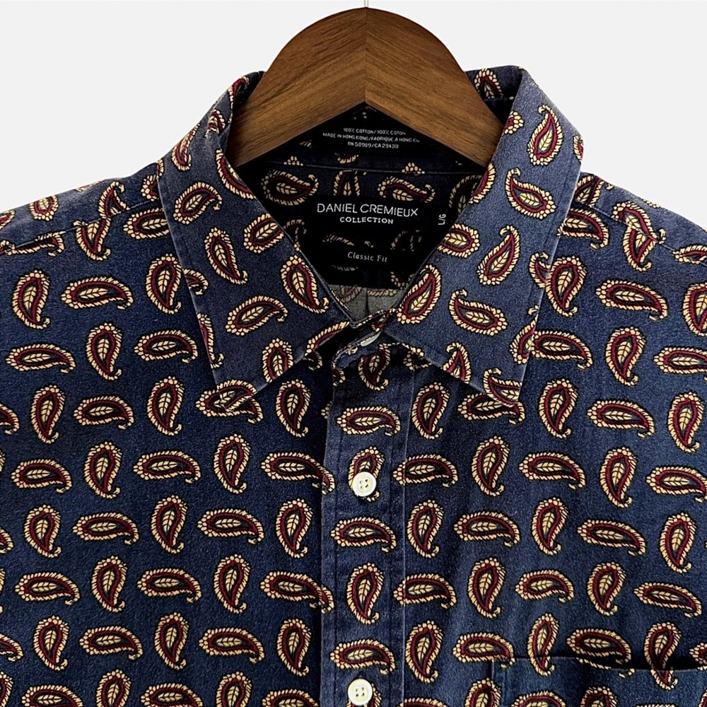 Daniel Cremieux Collection Mens Large Paisley Button Down Shirt Navy Blue Cotton